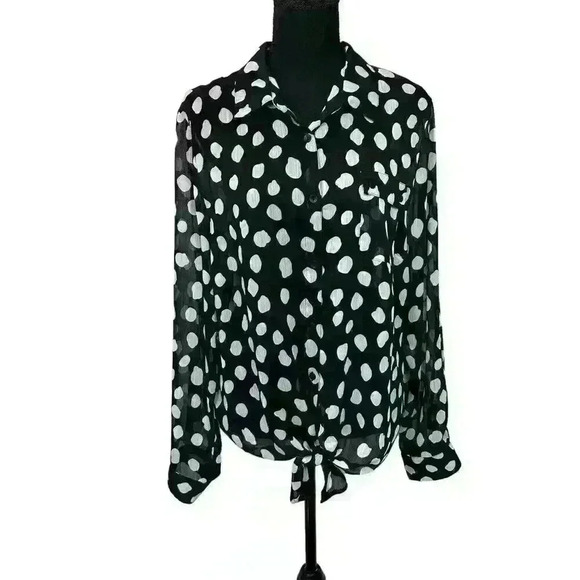 Roz & Ali Womens XL Blouse Black White Polka Dots Sheer Tie Bottom Lightweight - Picture 3 of 13